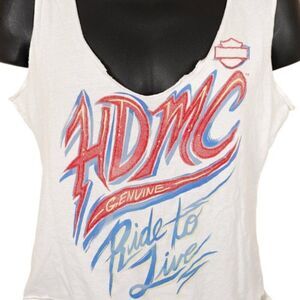 Harley Davidson White Tank Top with Red and Blue Graphics size Medium.